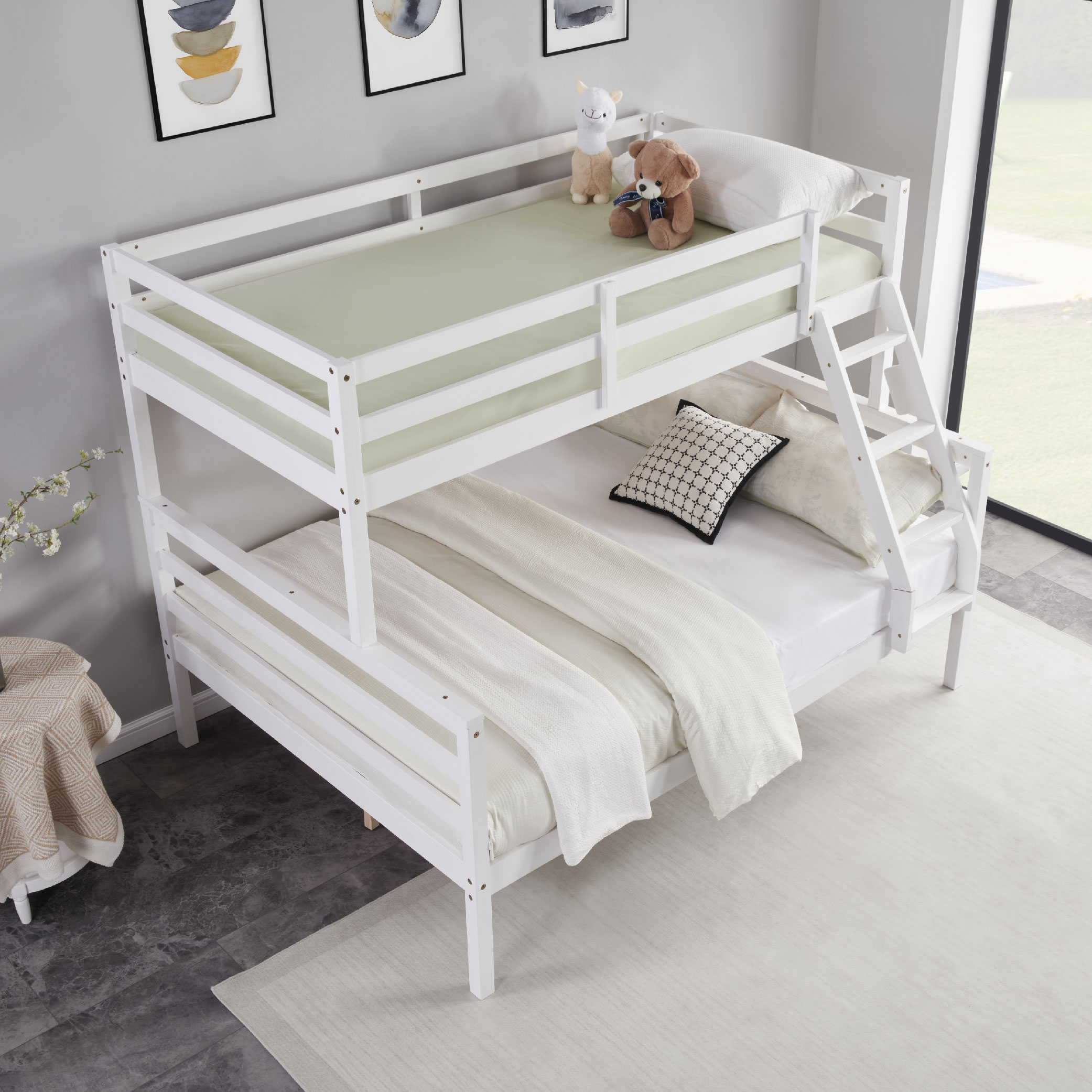 Twin over Full Bunk Bed with Ladder,Wooden Bunk Bed with High Guardrail and Ladder for Kids, Teens, Dorm Rooms, and Guest Rooms,No Box Spring Needed,White Twin over Full Bunk Bed with Ladder,Wooden Bunk Bed with High Guardrail and Ladder for Kids, Teens, Dorm Rooms, and Guest Rooms,No Box Spring Needed,White